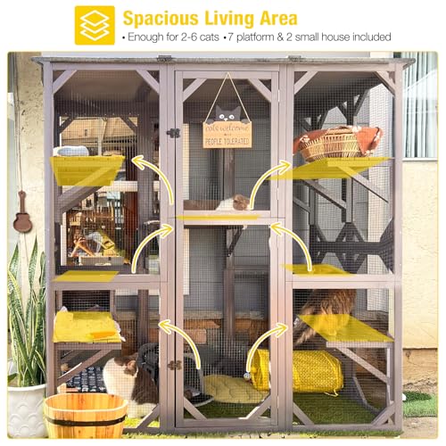 Aivituvin Cat House Outdoor Catio Kitty Enclosure with Super Large Enter Door,Wooden Cat Cage Condo Indoor Playpen with Platforms,Small House,70 Inch
