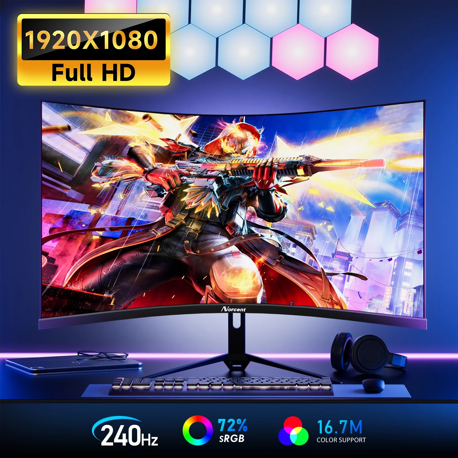 Norcent 27-inch FHD VA Gaming Curved Monitor with Rainbow Lights, 240Hz Refresh Rate, Eye Care 1080P Display, FreeSync G-Sync Compatible