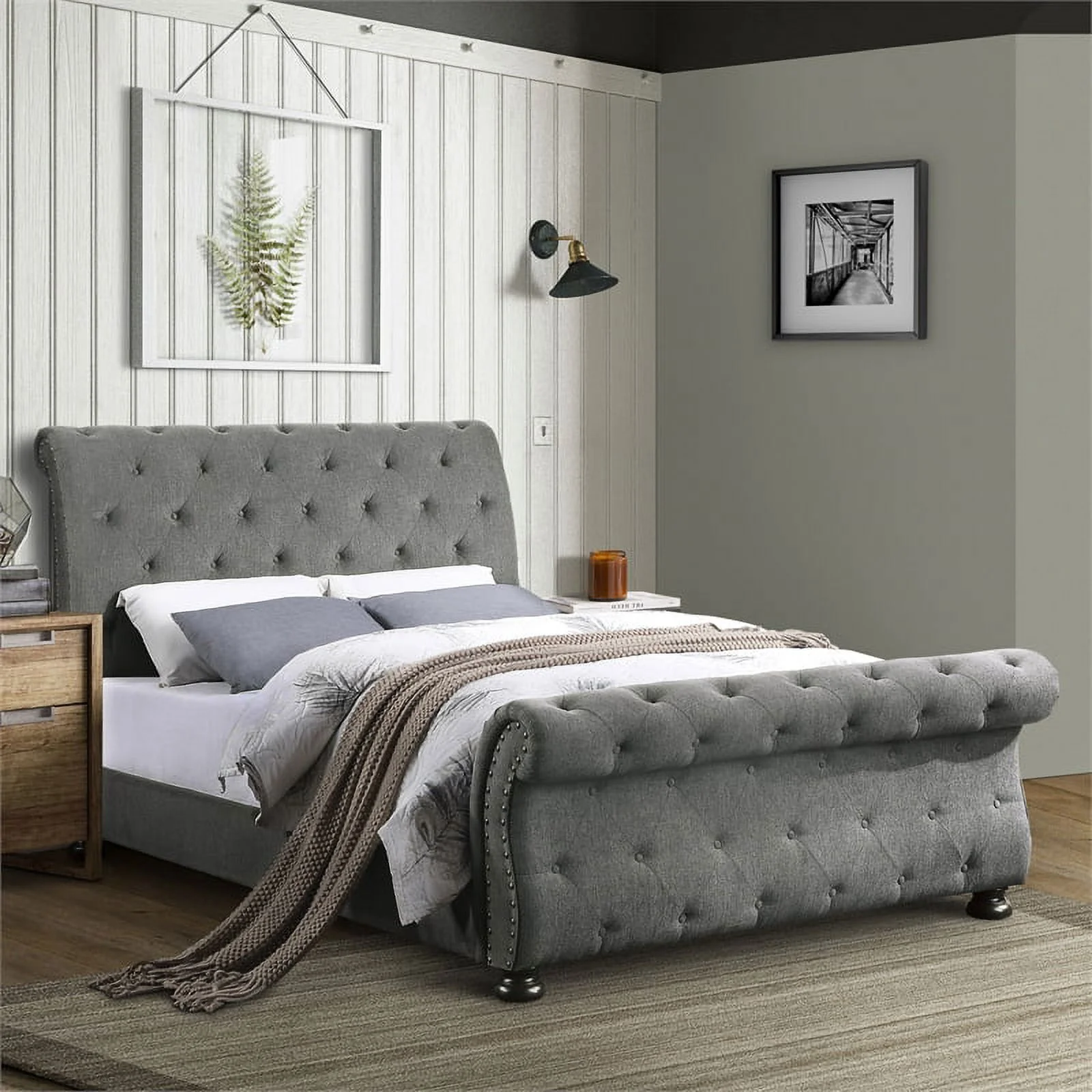 Lexicon Crofton Classic Wood Tufted Sleigh Bed, Queen, Dark Gray