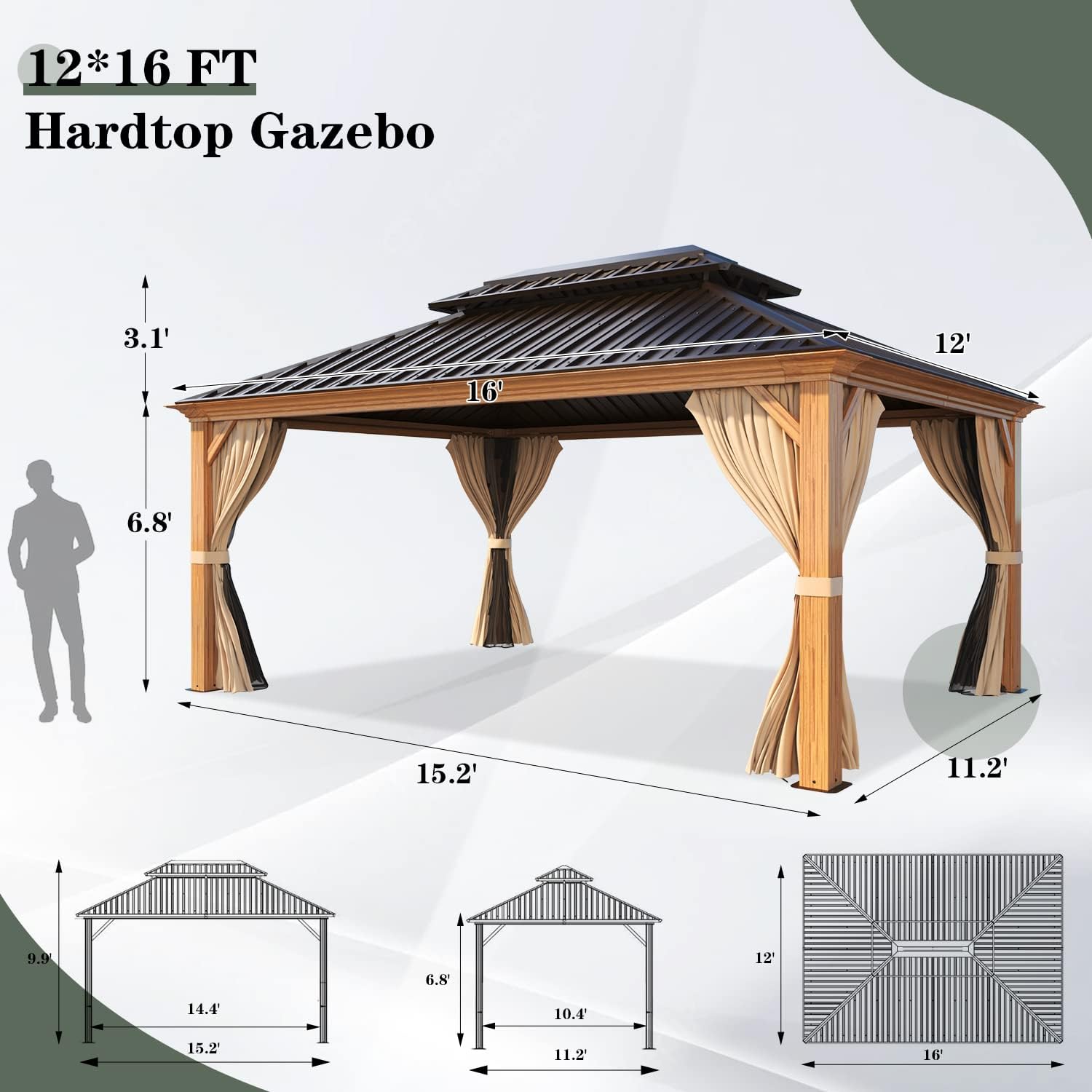 YOLENY 12' x 16' Gazebo, Hardtop Wood-Looking Gazebo with Galvanized Steel Double Roof, Aluminum Frame with Netting and Curtains for Deck, Backyard