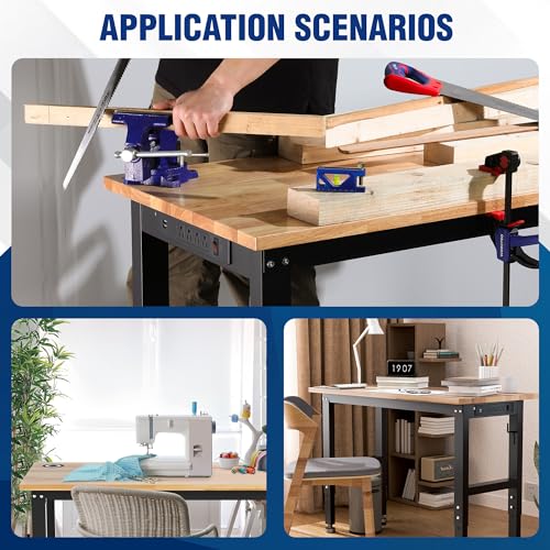 WORKPRO Adjustable Garage Workbench, 48"x22" Rubber Wood Top Heavy-Duty Work Desk with Power Outlets, Leveling Foot, 5 Heights