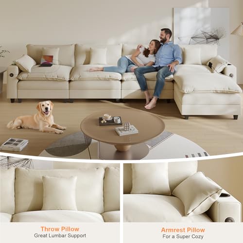 Modular Sectional Sofa, Cloud Couch with Ottoman, Charging Station, Throw Pillows, Cup Holders, Modern Convertible U Shaped Couches for Living Room