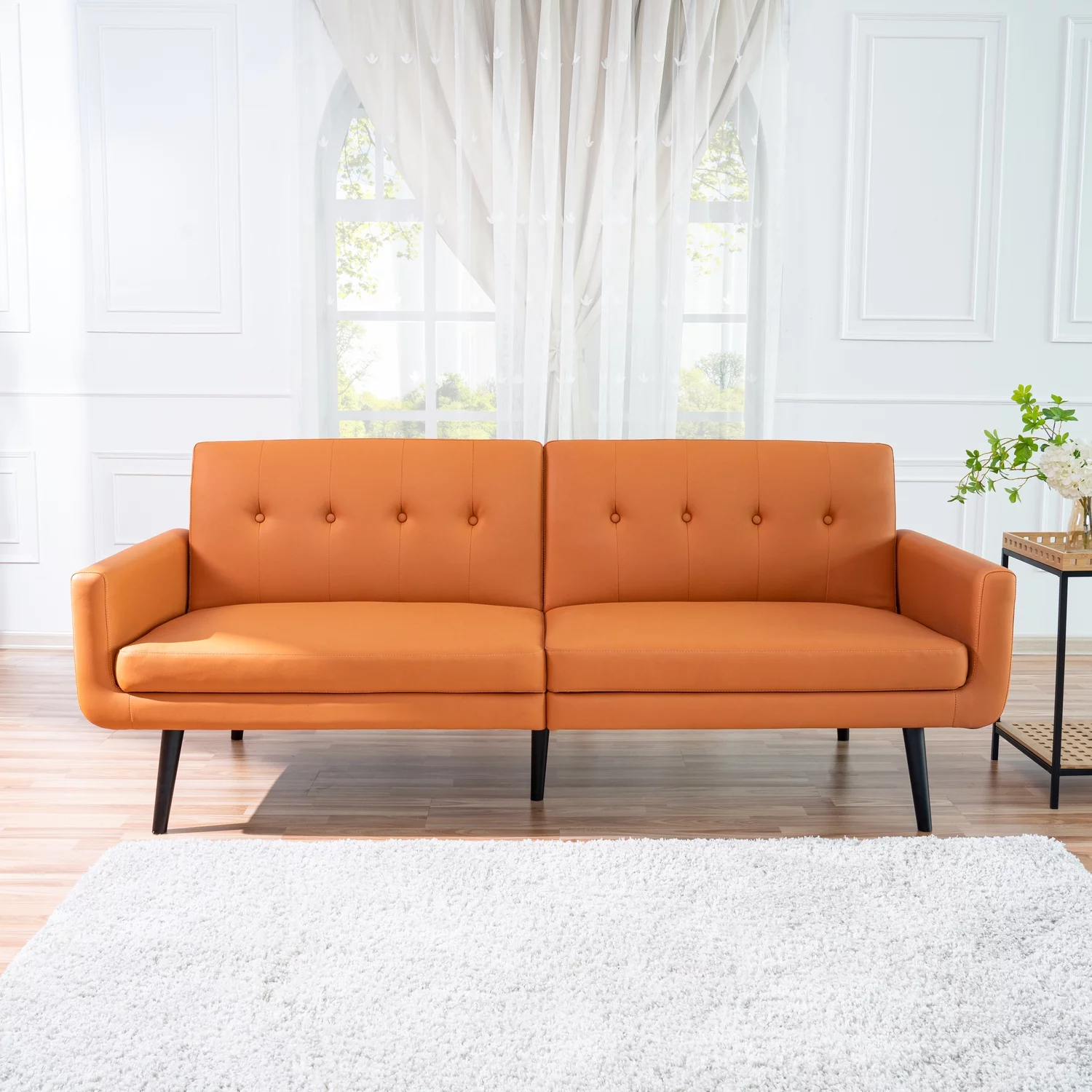 Naomi Home Monica Mid Century Style Futon Sofa Bed-Color:Caramel,Material:Air Leather