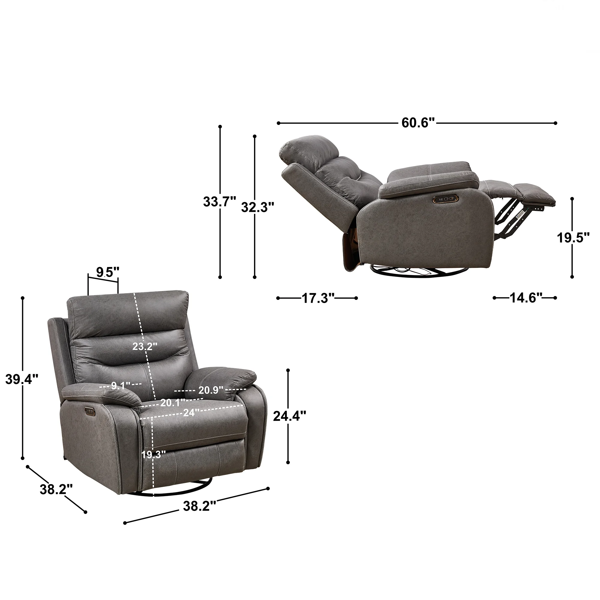 Dual OKIN Motor Recliner Chair, Rocking and 240 Degree Swivel Single Sofa Reclining, Headrest with Power Function, Gray