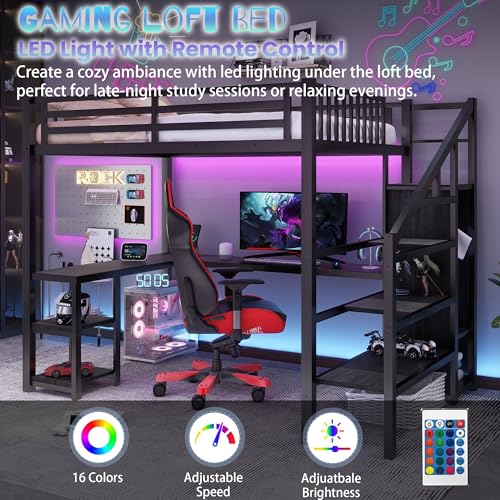 Full Size Loft Bed with Desk,Metal Heavy Duty Full Loft Bed with Stairs,Wardrobe and Shelves