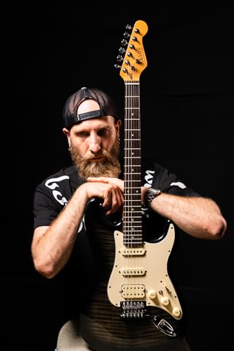 AKLOT Stryde Electric Guitar with Coil-Split: Roasted Maple Neck, Flame Maple Graphic Top, HSS Ceramic Pickups, Beginner Guitar Kit with 10W Amp