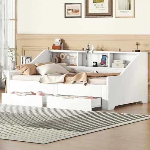 Merax Twin to King Daybed with Storage Bookcases and Two Drawers, Wood Bed Frame with Trundle and USB Charging Design for Bedroom, Guest Room