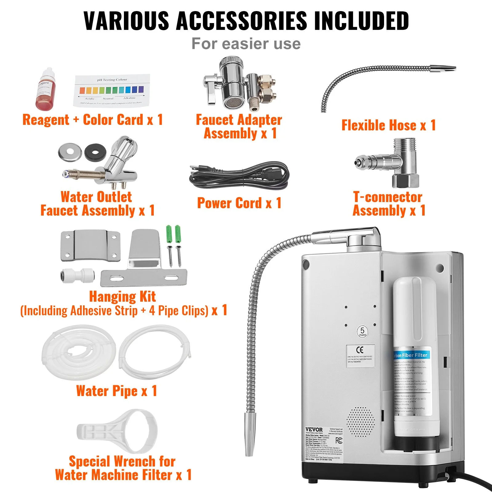 VEVOR Alkaline Water Ionizer Machine, pH 3.5-10.5, 7 Water Settings, -550mV ORP, 8000L Per Filter, Auto-Cleaning
