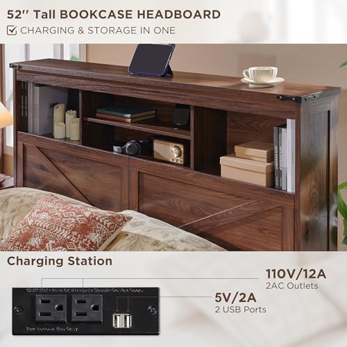 Queen Size Wood Bed Frame Farmhouse with 52" Tall Storage Bookcase Headboard, LED Light,Charging Station,4 Drawers and Solid Wood Slats Support
