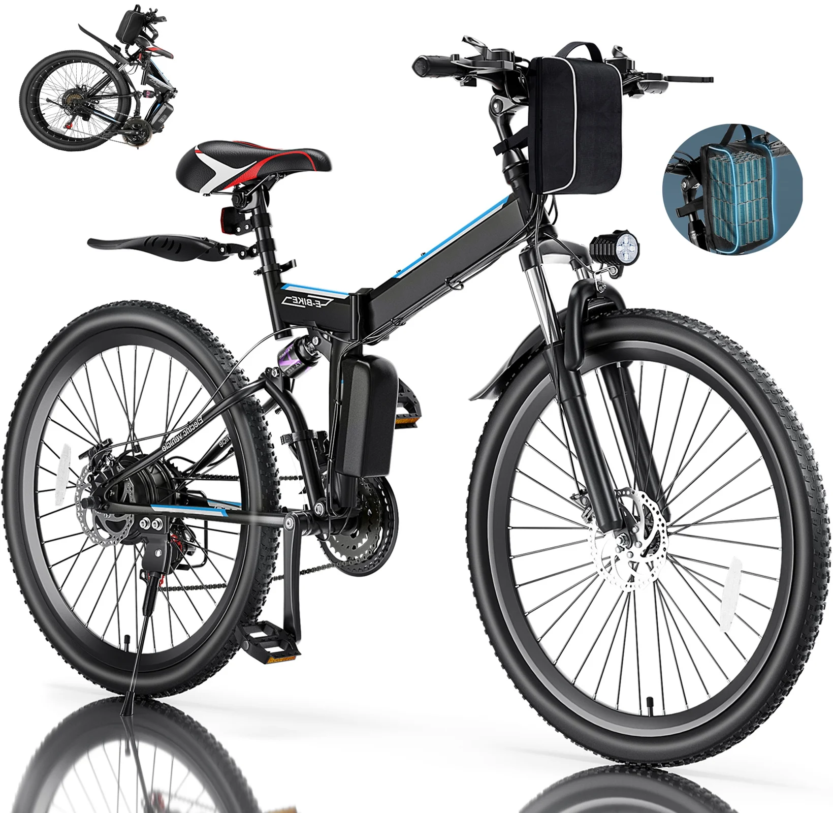 Elifine 26 In. Folding Electric Bike for Adults, 500W Electric Mountain Bike, 21 Speed, Full Suspension