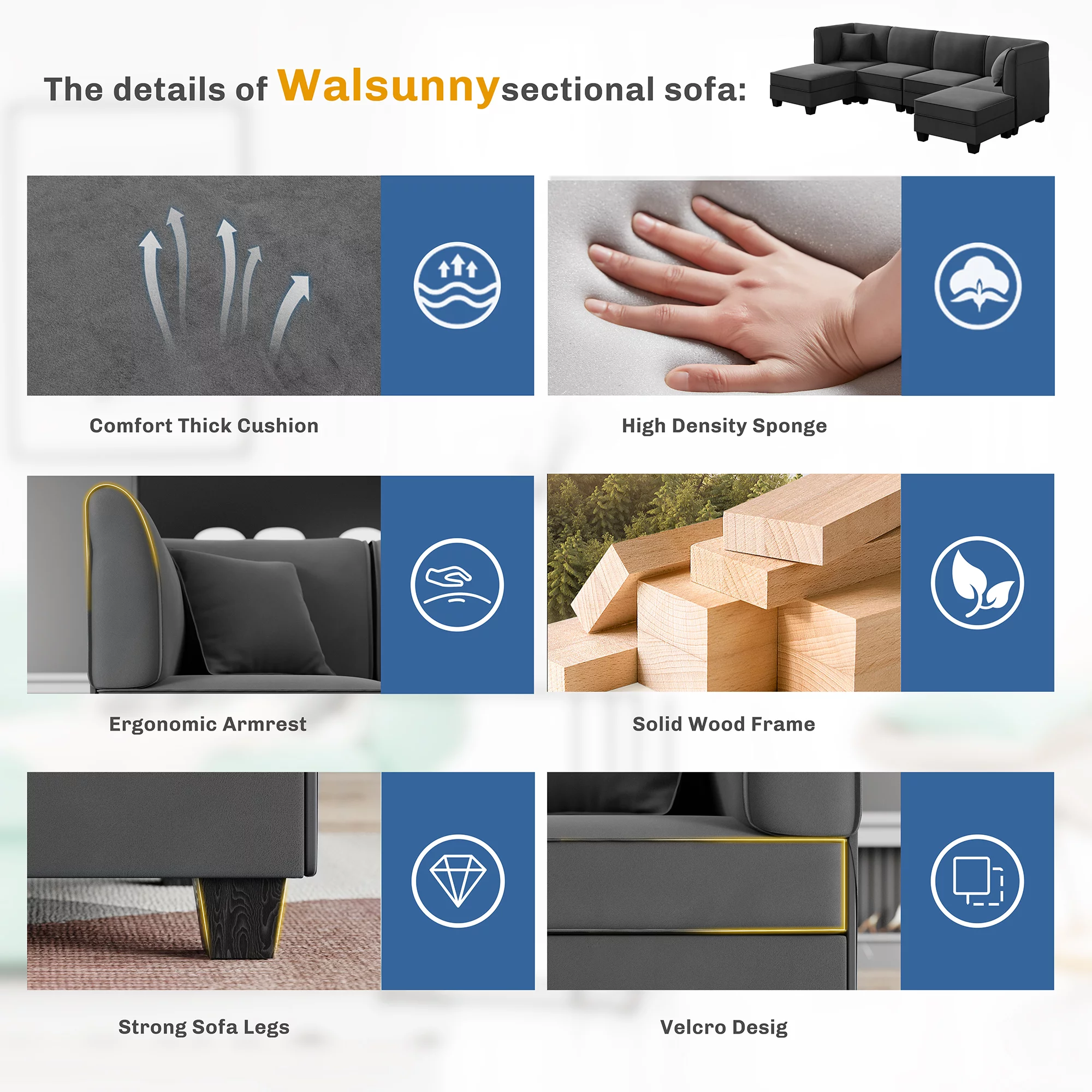 Walsunny Modular Sectional Sofa with Reversible Chaise, U-Shape Convertible Sectional Walsunny Couch with 6 Seats