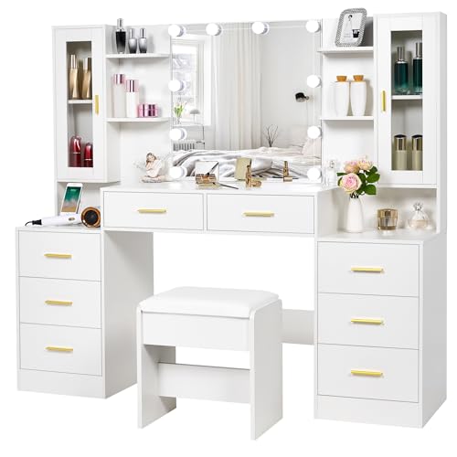 ANWBROAD 59.1" Large Vanity Desk Table with Mirror & Lights White Makeup Vanity with Power Outlet and 8 Drawers 3 Lighting Modes Adjustable Vanity