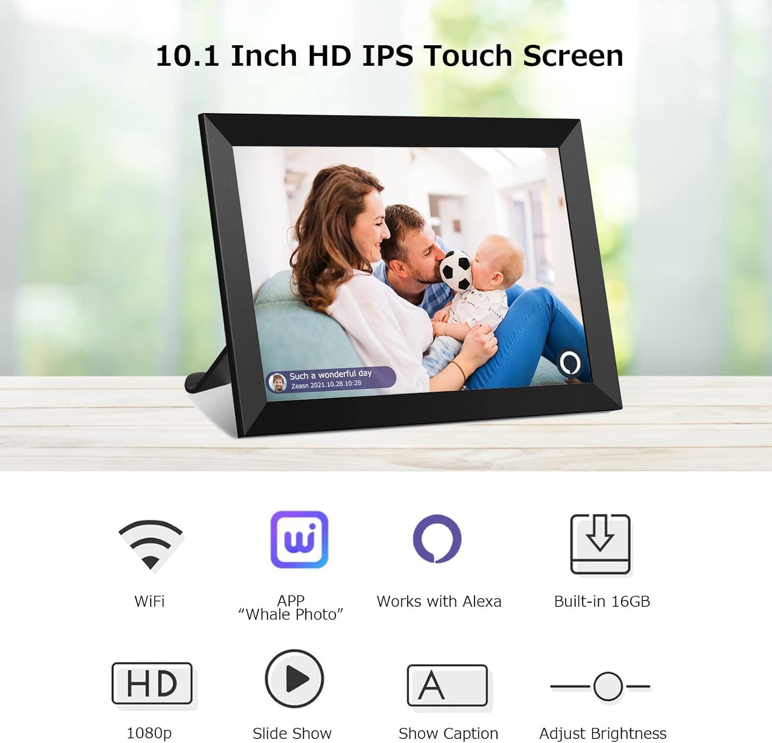 WiFi Digital Photo Frame 10.1 inch Work with Alexa Voice Control HD IPS Touch Screen, Built-in16GB Storage, Auto-Rotate Wall-Mountable