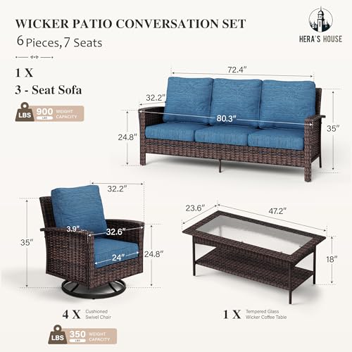 HERA'S HOUSE High Back Patio Furniture Set with Swivel Chairs, Outdoor Wicker Conversation Sets with 5.5" Comfy Cushions, 4 Piece Outside Sofa Sets