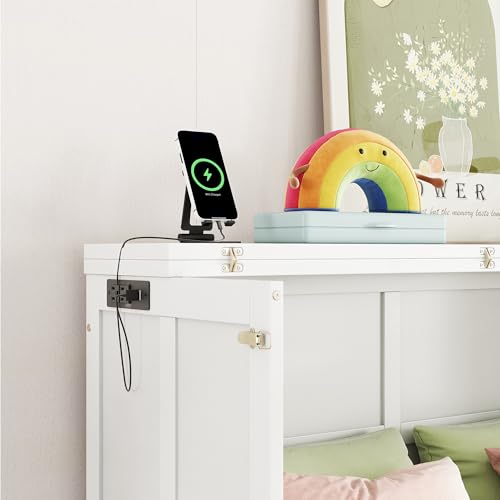 KEIKI Queen Size Cabinet Murphy Bed with Charging Station and Drawer, Multiple Storage Foldable Hideaway Wall Murphy Bed Frame with Solid Slat