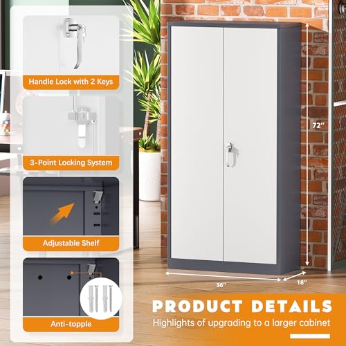 Greenvelly Steel SnapIt Storage Cabinet 72" Locking Metal Garage Storage Cabinet with 4 Adjustable Shelves, 2 Doors and Lock for File, Office, Garage