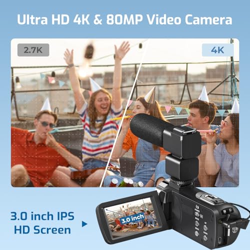 Camcorder Video Camera 4K Ultra HD 80MP Vlogging Camera for YouTube 18X Digital Zoom Recorder IR Night Version 3.0" IPS HD Screen With Handheld