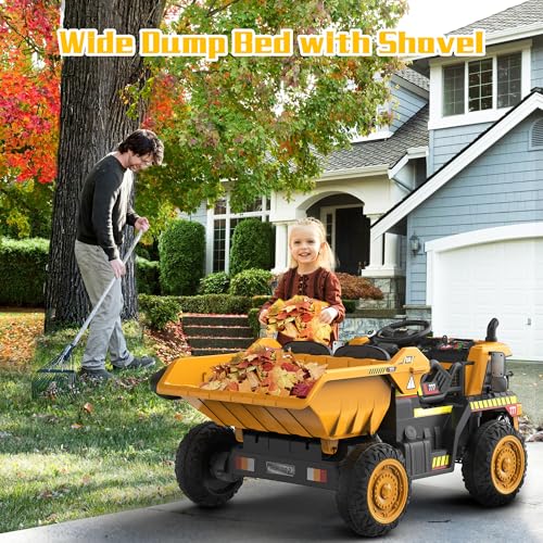 ANPABO Ride on Dump Truck, 12V Ride on Car with Remote Control, Electric Dump Bed and Extra Shovel, Ride on Construction Vehicle with Music Player