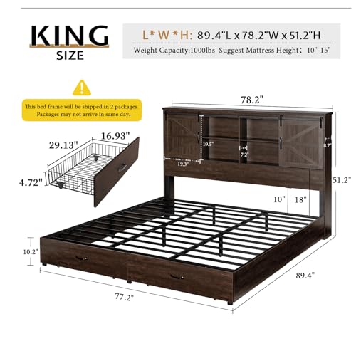 VanAcc Full Size Bed Frame, Wooden Platform Storage Bed with 51.2" Bookcase Headboard, 2 Drawers