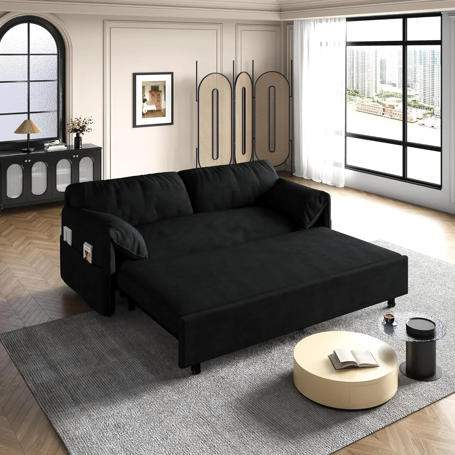 Tabaray 63.8" Futon Sofa Bed Queen Size, Pull Out Bed, 3-in-1 Convertible Sleeper Sofa with Side Pocket, Modern Velvet Futon Couch for Living Room