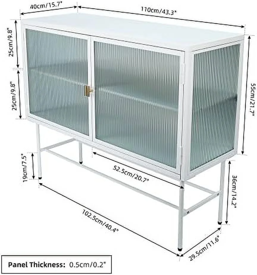TJUNBOLIFE Retro Style Fluted Glass  Cabinet Corner Cabinet Sideboard Dual Doors Three Detachable Wide Shelves Enclosed Dust-Free  for Living Room