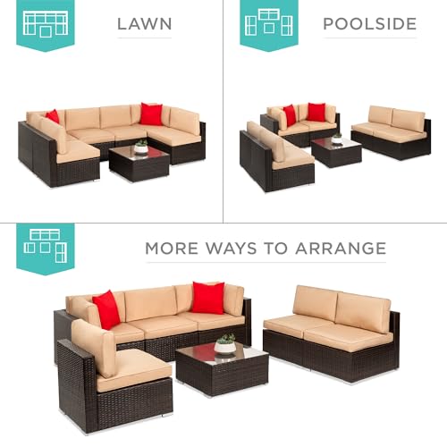 Best Choice Products 7-Piece Modular Outdoor Sectional Wicker Patio Conversation Set w/ 2 Pillows, Coffee Table, Cover Included - Gray/Navy