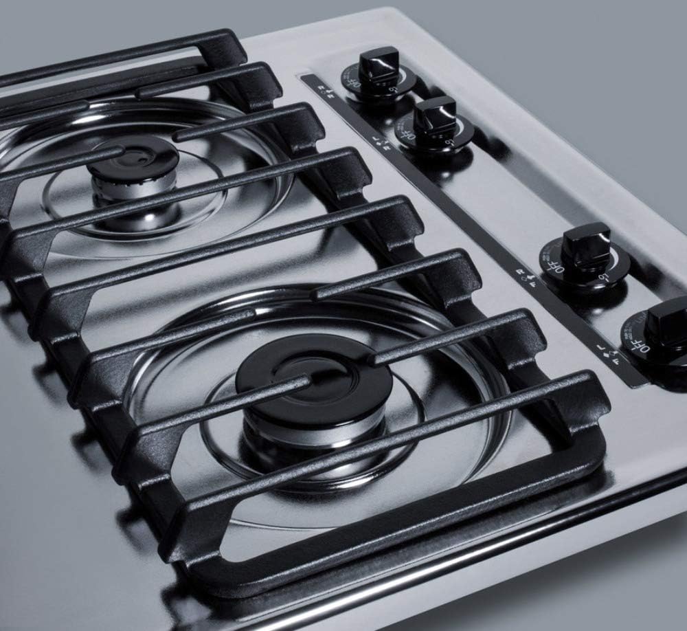 Summit Appliance ZTL033S 24" Wide 4-Burner Gas Cooktop in Brushed Chrome with Cast Iron Grates, Push-to-turn Knobs, Removable Burner Caps
