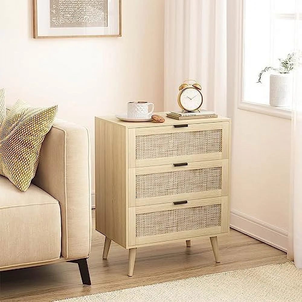 TJUNBOLIFE 3 Drawer Dresser Chests for Bedroom  3 Drawer Nightstand   Rattan Small Dresser Cabinet of 3 Drawers with Solid Wood Legs &amp