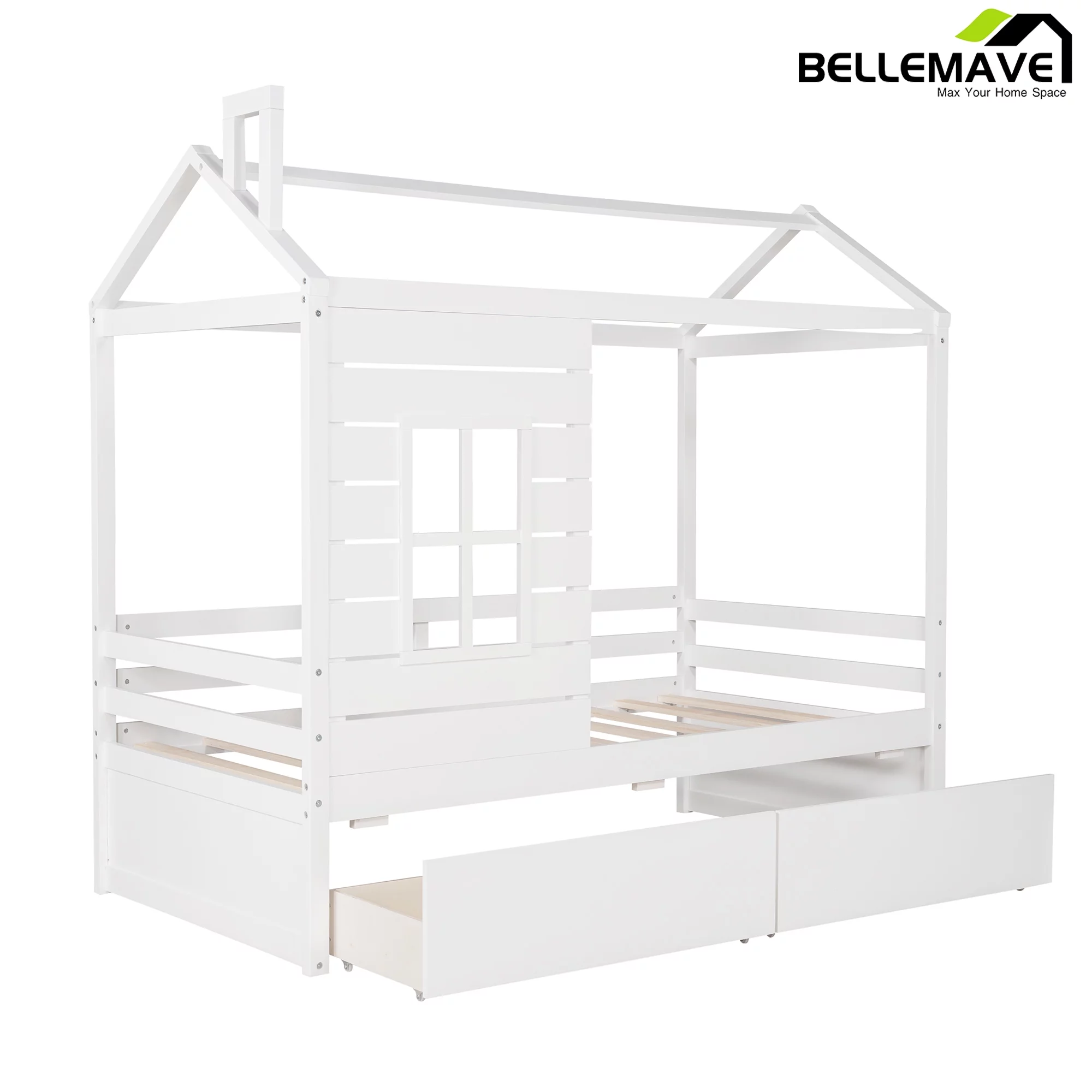 Bellemave Twin Size House Bed with Drawers Kids Bed with Storage Wooden Bed Frame with Guard Rails Twin Kids Bed Frame for Boys, Girls, White