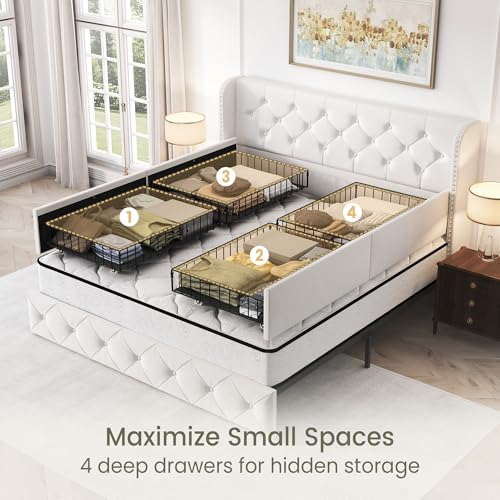 King Size Bed Frame with 4 Storage Drawers and Tufted Headboard Linen Upholstered Platform Bed Frame Wingback Beds with Wooden Slats Support