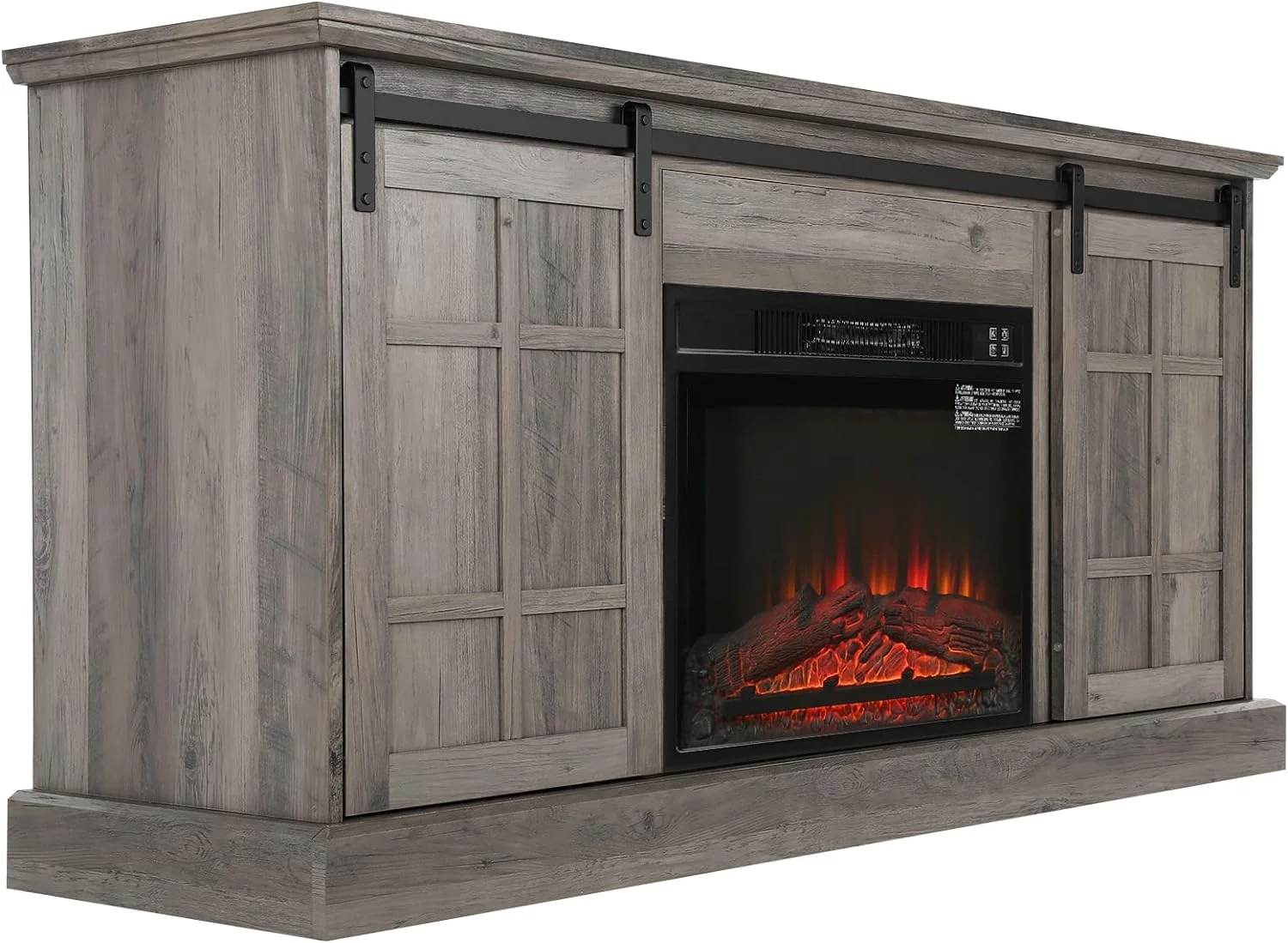 58" Farmhouse TV Stand with 23" Electric Fireplace, Entertainment Center, Fireplace TV Console with Barn Doors for Living Room, Gray Wash