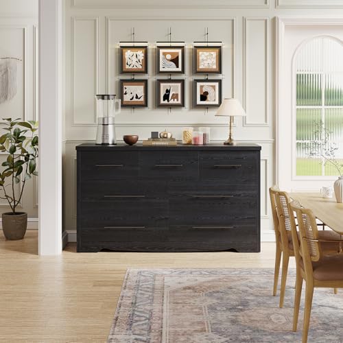 Black 7 Drawer Dresser for Bedroom, 55" Modern Dresser with 7 Deep Drawers, Wooden Chest of Drawers with Metal Handles, Clothes Organizer for Hallway