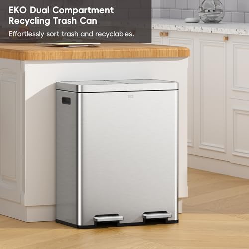 EKO EcoCasa II 36L+24L Dual Trash Can with Recycle Bin, Stainless Steel Garbage Can with Lid, Deodorizer Compartment