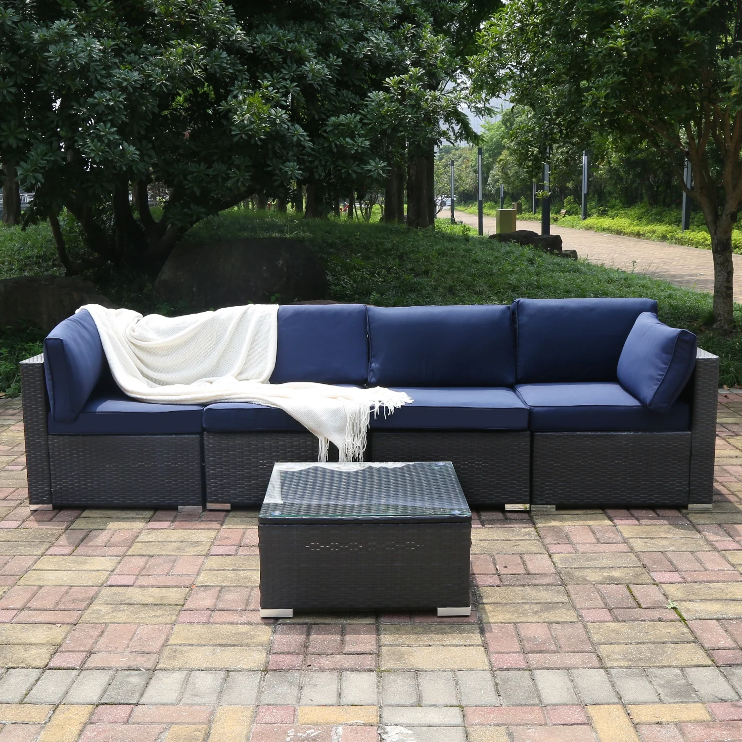 Excited Work 5 Pcs Patio Sofa PE Rattan Outdoor Wicker (BLUE) Patio Conversation Set