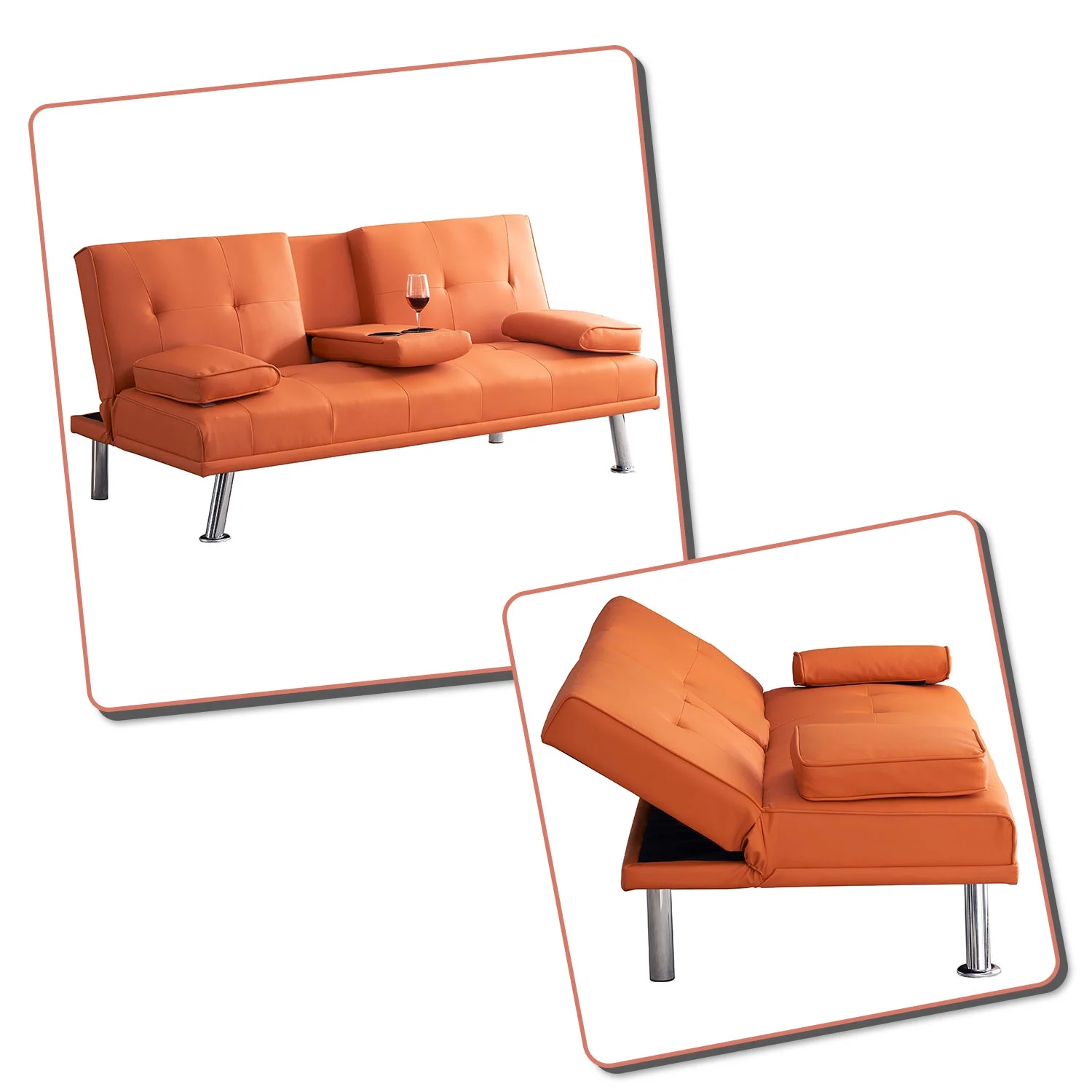 Modern Stylish Faux Leather Upholstered Futon Sofa Bed with Cup Holders, Orange