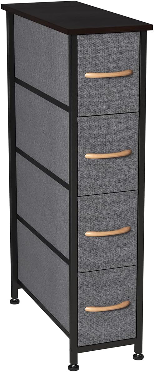 Somdot Vertical Dresser Narrow Storage Tower with 4 Drawers for Bedroom Office Laundry Closet Entryway Hallway Nursery Room, Steel Frame, Wood Top