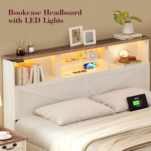 Twin Bed Frame with Bookshelf, Bookcase High Headboard with Charging Station and LED Light, Farmhouse Bed with Storage Drawers, No Box Spring Needed