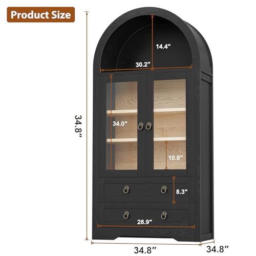 Kitchen Pantry Cabinet, Arched Bookshelf Bookcase China Pantry Storage Cabinet with Drawers Doors and Shelves