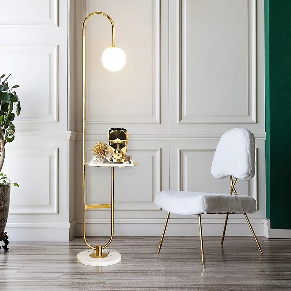 Homary 60" Modern Arc Floor Lamp with Shelf in Gold with Glass Shade & Marble Base for Living room Bedroom and Game Room