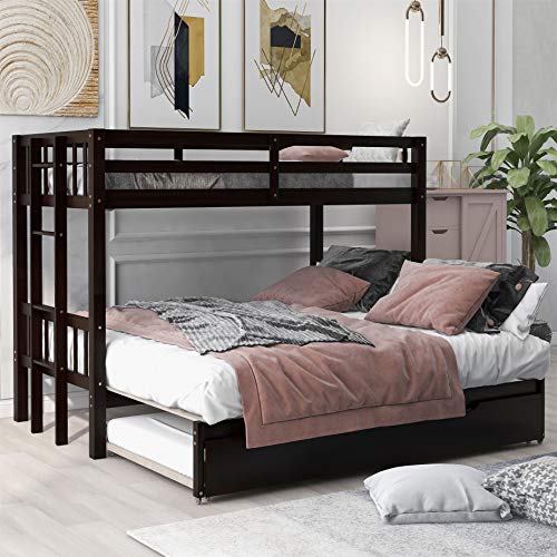 Twin over Double Twin Bunk Bed with Trundle, Convertible Down Bed, Pull-Out Multi-Functional Bunk Bed for 4 People