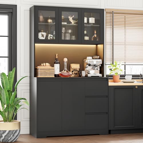finetones 71" Kitchen Pantry Cabinet with LED Lights and Charging Station, Modern Kitchen Cabinet Hutch Cabinet with Storage and Microwave Stand