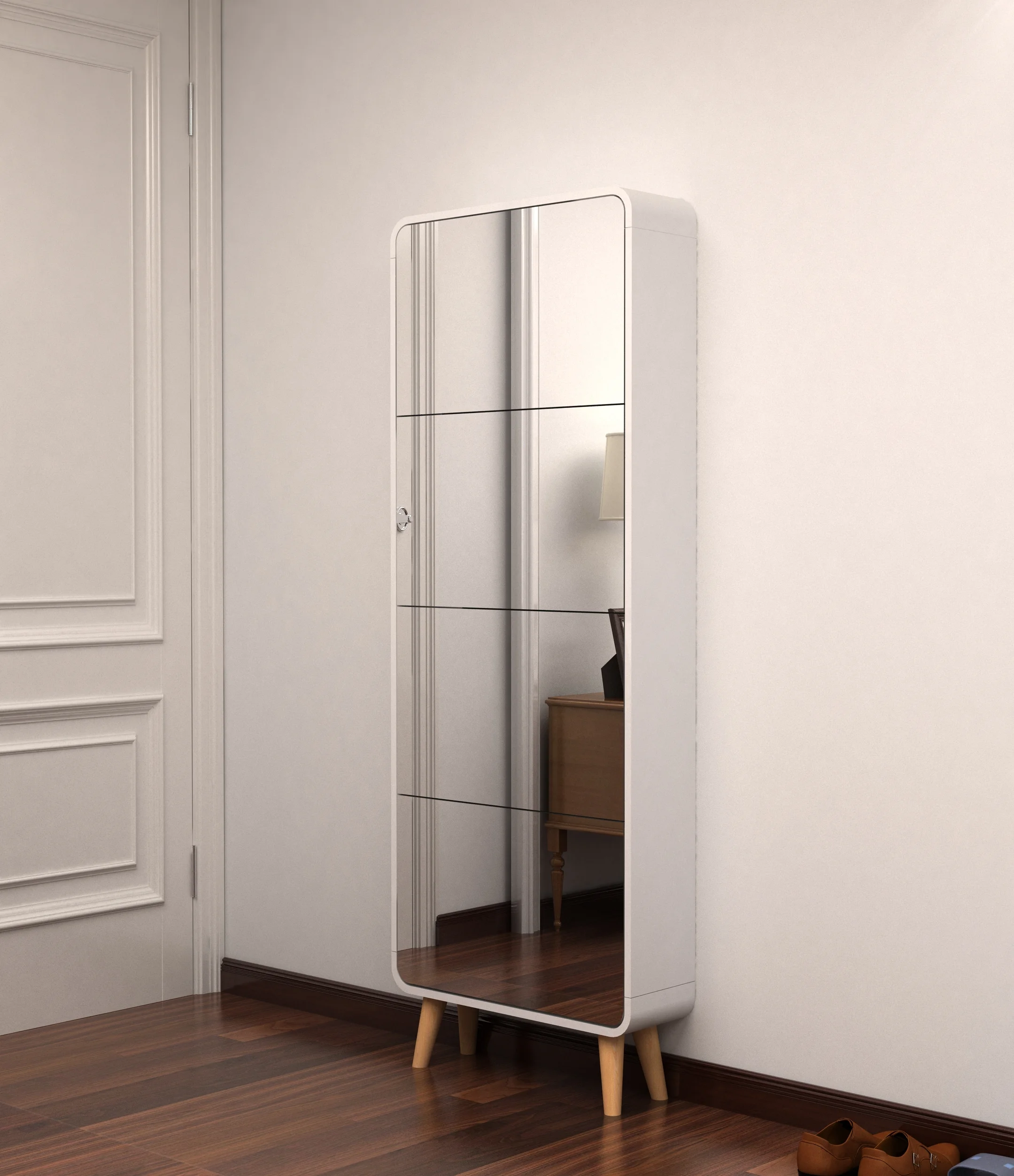 Holaki Shoe Cabinet, 4 Flip Drawers Free Standing Shoe Rack with Mirror, White Wood Slim Shoe Storage Cabinet for Entryway, Hallway, and Corridor
