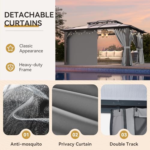 Aoxun 12'x16' Hardtop Gazebo, Aluminum Frame Permanent Pavilion with Netting and Curtains, Outdoor Polycarbonate Double Roof Canopy