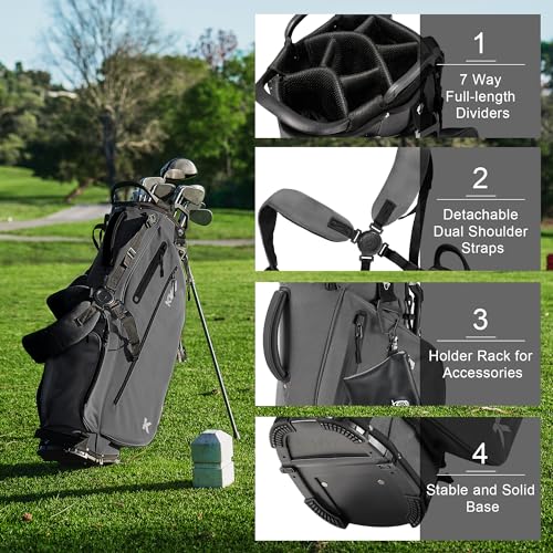 KVV Lightweight Golf Stand Bag with 7 Way Full-Length Dividers, 5 Zippered Pockets, Automatically Adjustable Dual Straps，Elegant Design