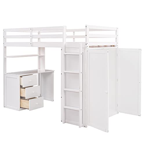 Harper & Bright Designs Full Size Loft Bed with Desk and Wardrobe, Solid Wood Loft Bed Frame with Storage Drawers, for Kids Teens Adults (White)