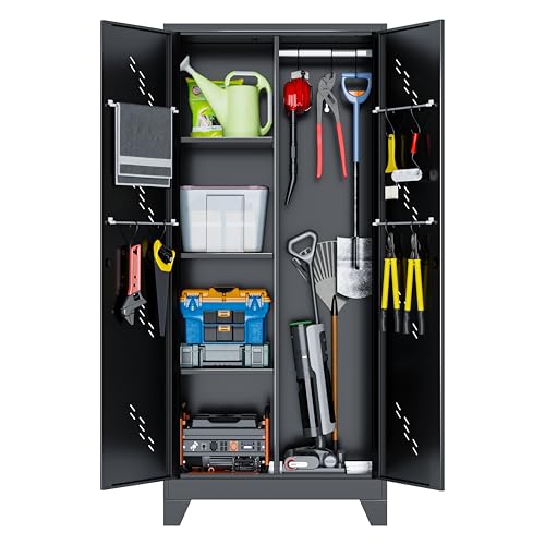 Broom Closet Storage Cabinet, 71" Metal Garage Cabinets with Lock & Hanging Rods, Utility Closet for Brooms and Mops