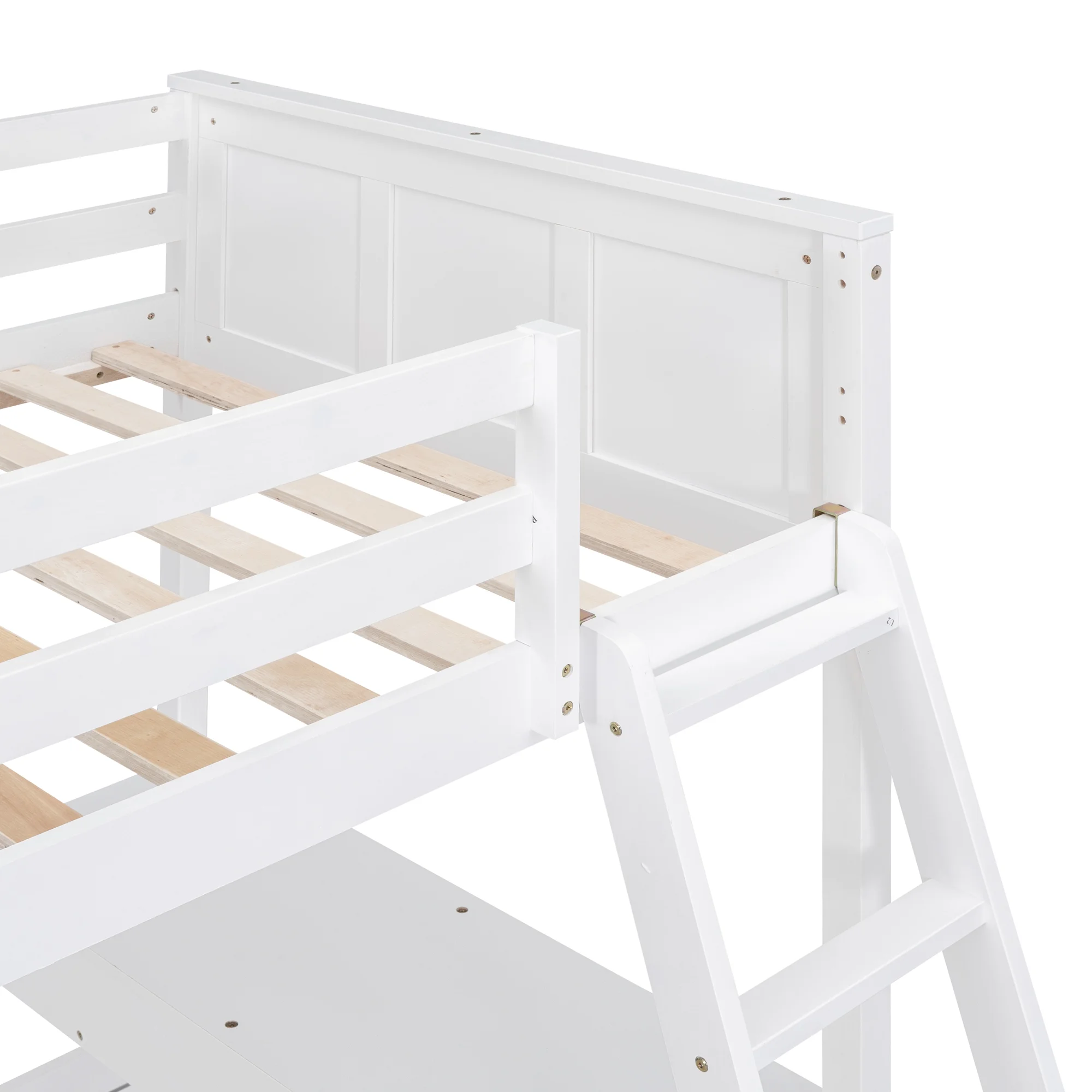 Bellemave Twin Over Full Bunk Bed with Desk and Storage Drawers, Solid Wood L-Shaped Loft Bunk Bed Frame for Kids Teens Adults (White)
