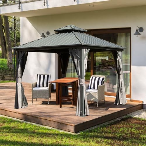Domi 10’ x 10’ Hardtop Gazebo Metal Frame Canopy with Netting & Curtains