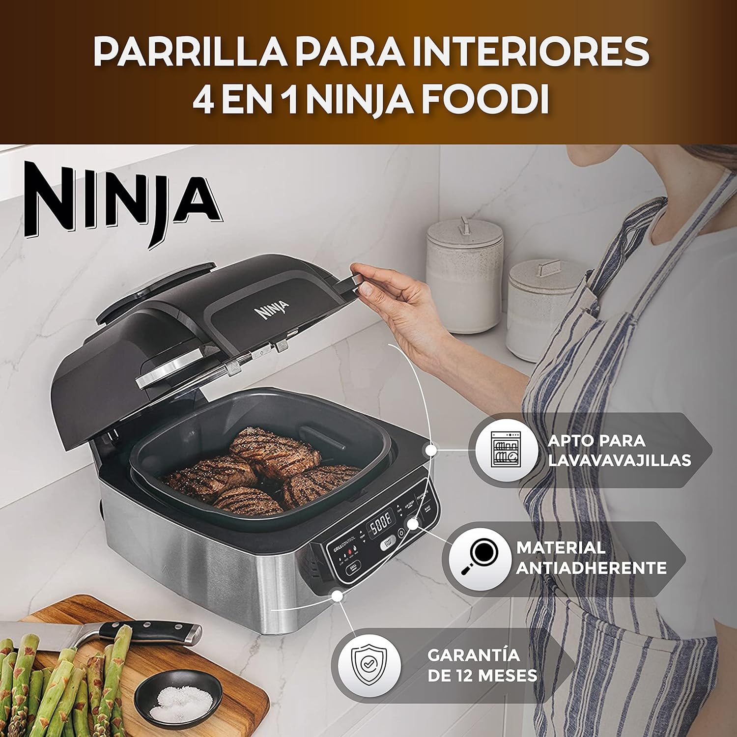Ninja AG300 4-in-1 Indoor Grill with 4-Quart Air Fryer with Roast, Bake, and Cyclonic Grilling Technology