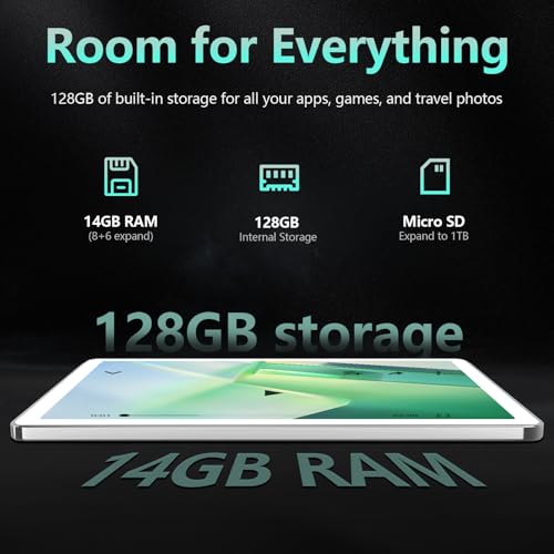 Android 14 Tablet 10 Inch, 4G Cellular Tablets, Octa-Core, 128GB Storage + 14(8+6)GB RAM/ 1TB Expandable, 5G WiFi, 8000mAh Battery, Bluetooth 5.0